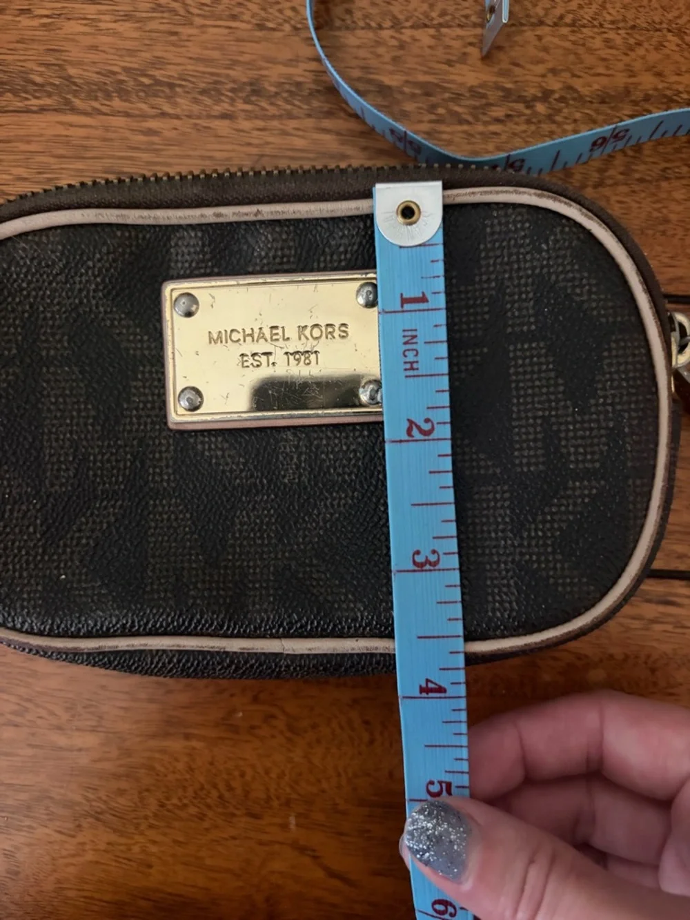 Michael Kors Brown MK Logo Wristlet with Gold Plate